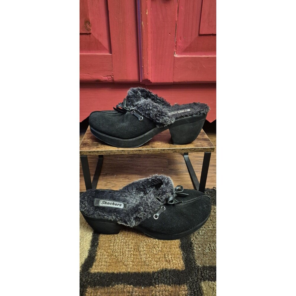 Skechers Size 10 Disco Bunny Shoes Y2K Fur Trimmed Clogs Black Leather Upper EUC